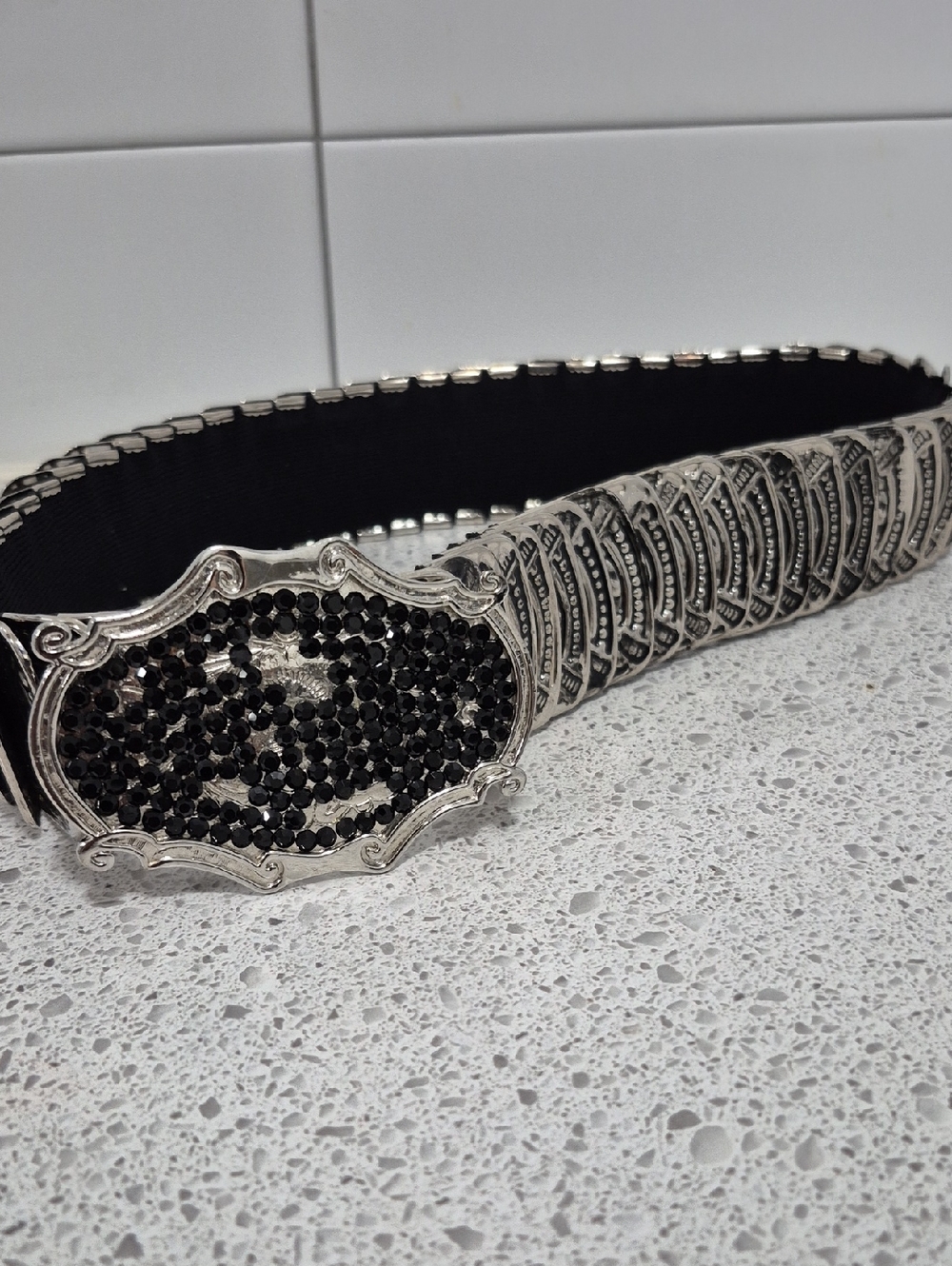 Silver-Tone Stretch Belt with Black Rhinestone Buckle